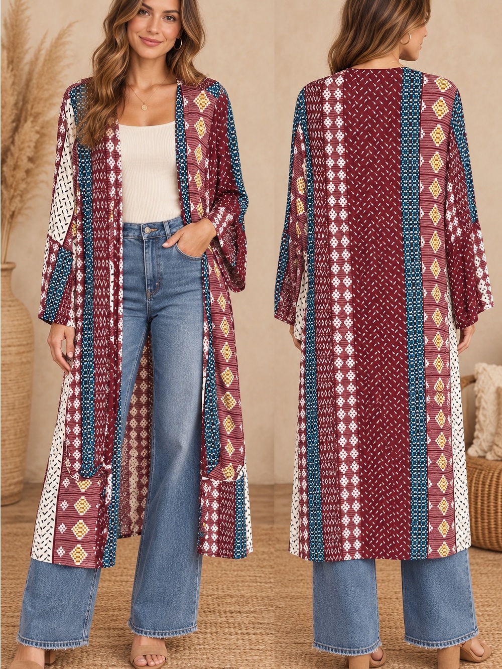 JODIFL Burgundy Patchwork Boho Kimono (080678) 🌼 ☀️
